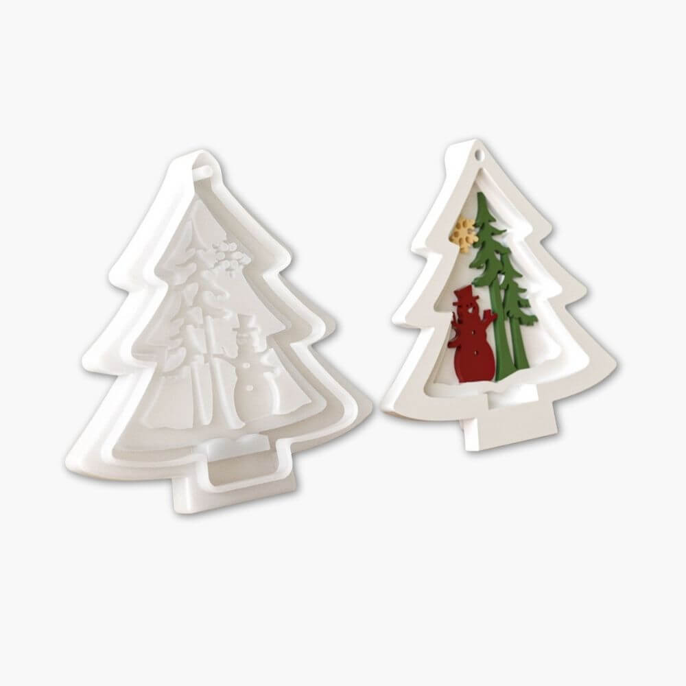 3D Layered Christmas Tree Ornament Resin Mold - Snowman Scene Hanging Decor